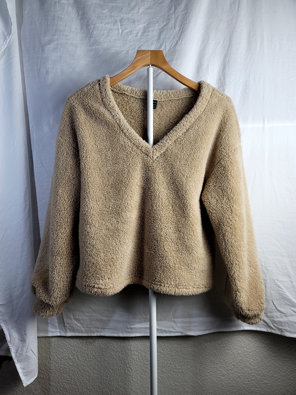 SHEIN Taupe V-Neck Teddy Fleece Pullover